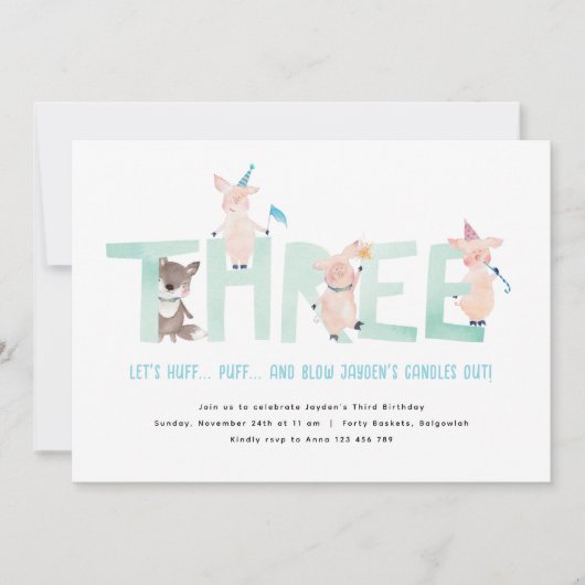 Invitation Trois Petits Cochons Grand Méchant Loup, Garçons T (Devant)