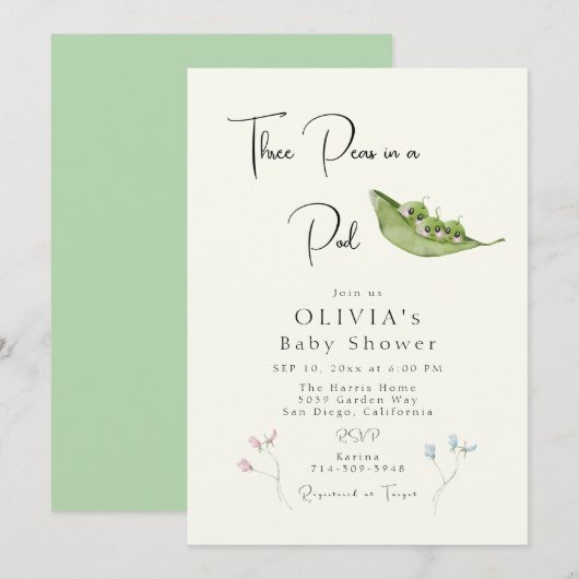 Invitation Trois petits pois dans un Baby shower de pois (Devant / Derrière)