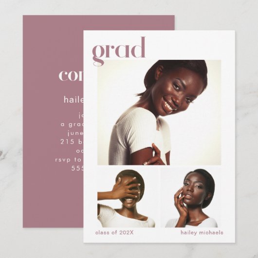 Invitation Trois photo Collage de la fête de graduation rose (Devant / Derrière)