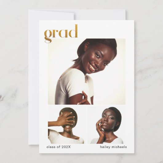 Invitation Trois photo Collage Graduation Party Faux Gold (Devant)