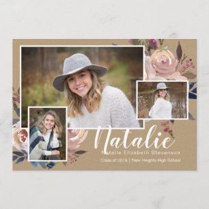 Invitation Trois Photo Floral Parti de Graduation Personnalis