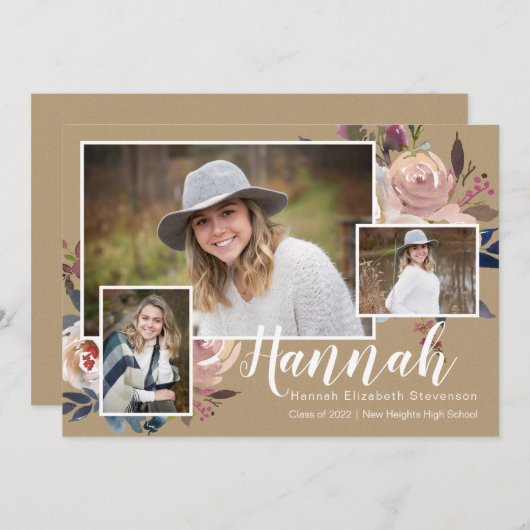 Invitation Trois Photo Floral Rustic Graduation Party (Devant / Derrière)