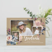 Invitation Trois Photo Floral Typography Graduation Party (Debout devant)