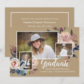 Invitation Trois Photo Floral Typography Graduation Party (Devant / Derrière)