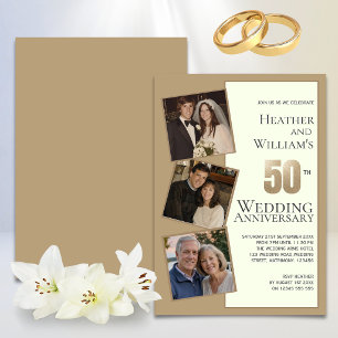 Invitation Trois Photo Or 50e Anniversaire de Mariage Fête