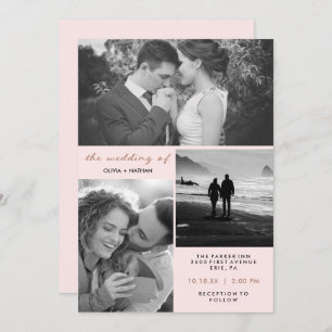 Invitation Trois photos  Blush et Faux Rose Gold Mariage