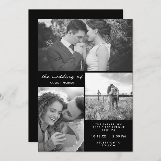 Invitation Trois photos | Mariage noir et blanc (Devant / Derrière)