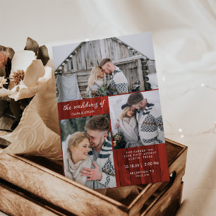 Invitation Trois photos sur fond de bois rouge Noël mariage
