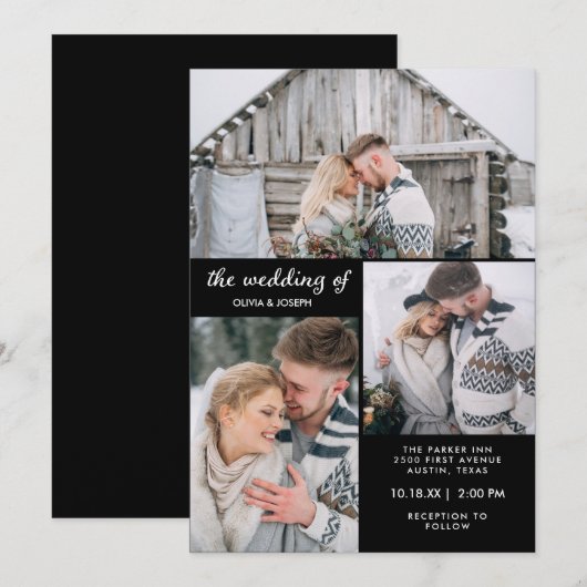Invitation Trois photos sur Modern Black | MARIAGE (Devant / Derrière)