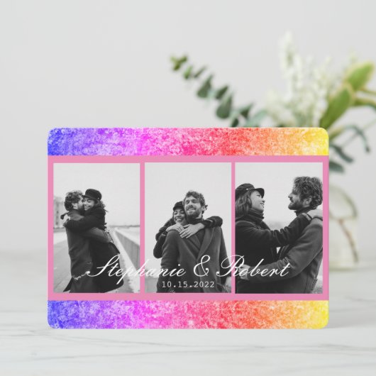 Invitation Trois photos Unicorn rose Mariage Abstrait (Debout devant)