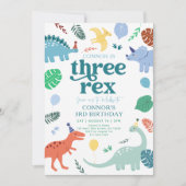 Invitation Trois Rex Blue Boy Dinosaur Boho 3e anniversaire (Devant)