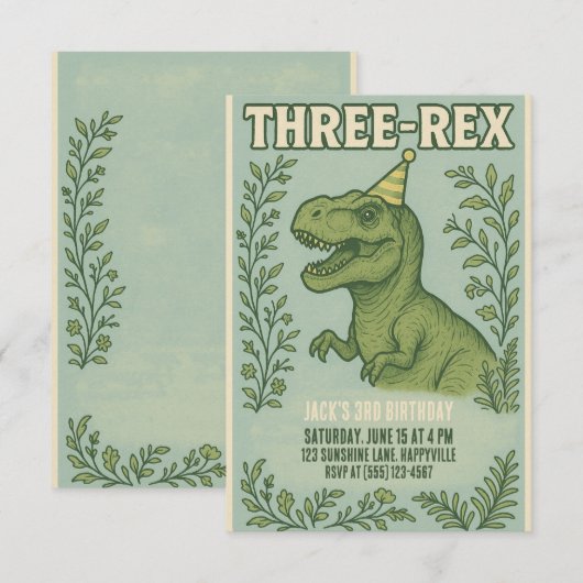 Invitation Trois Rex Dinosaur 3e anniversaire (Devant / Derrière)