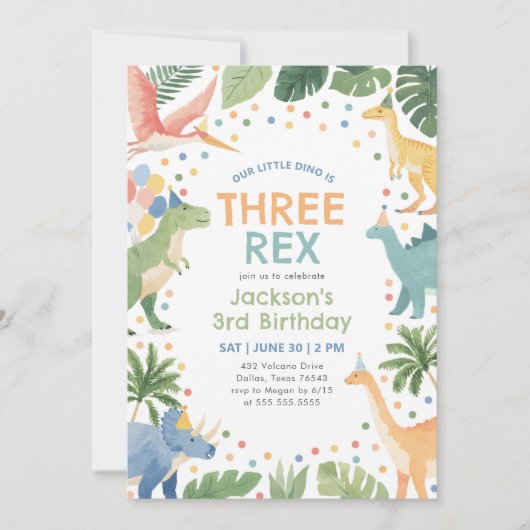 Invitation Trois Rex Dinosaur 3e anniversaire (Devant)
