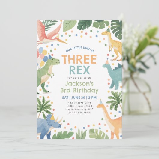 Invitation Trois Rex Dinosaur 3e anniversaire (Debout devant)