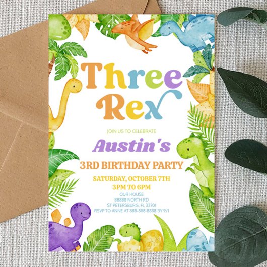 Invitation Trois Rex Dinosaur 3ème fête d'anniversaire