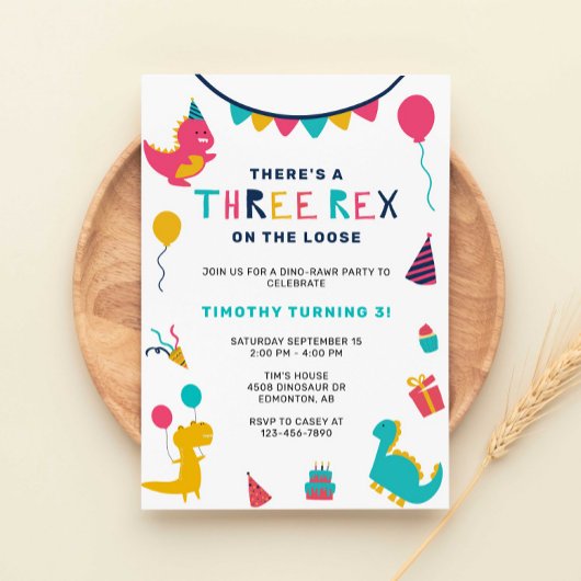 Invitation Trois Rex Dinosaur Anniversaire Colorful Party Boy