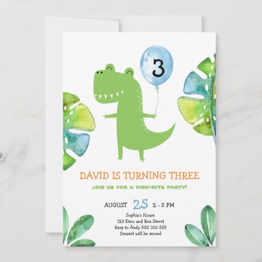 Invitation Trois Rex Dinosaur Boy 3ème anniversaire (Devant)