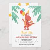 Invitation Trois Rex Dinosaur Cake Balloon 3e fête d'annivers (Devant / Derrière)