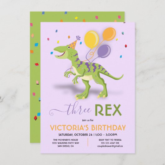 Invitation Trois Rex Dinosaur fête d'anniversaire (Devant / Derrière)