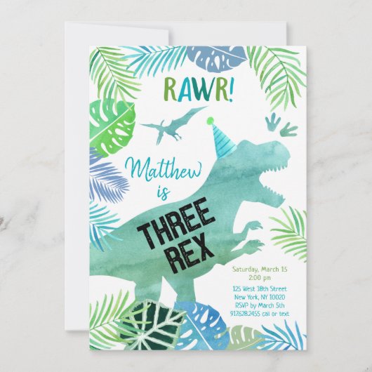 Invitation Trois Rex Dinosaur Vert Anniversaire (Devant)
