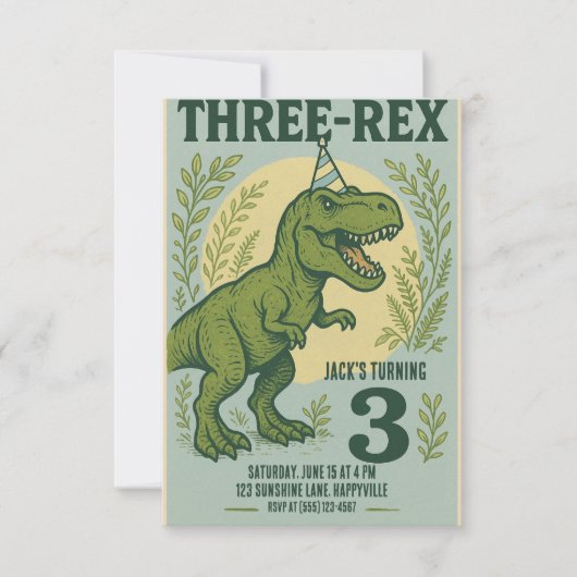 Invitation Trois Rex Dinosaur Vert Anniversaire (Devant)