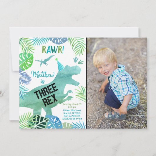 Invitation Trois Rex Dinosaur Vert Anniversaire (Devant)