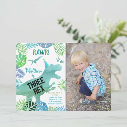 Invitation Trois Rex Dinosaur Vert Anniversaire (Debout devant)
