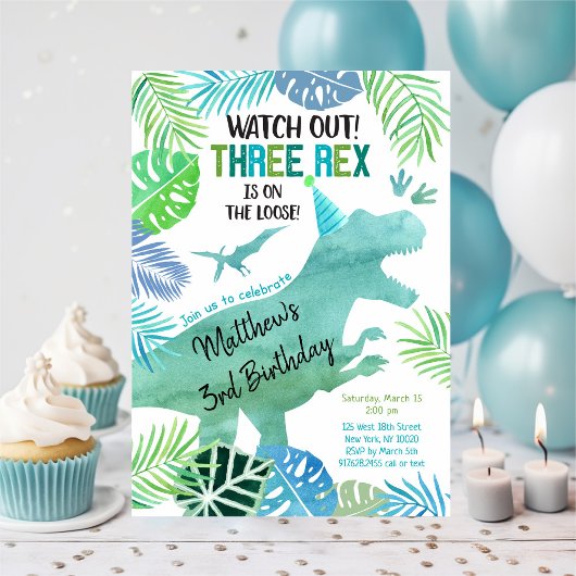 Invitation Trois Rex Dinosaur Vert Anniversaire