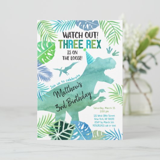 Invitation Trois Rex Dinosaur Vert Anniversaire (Debout devant)