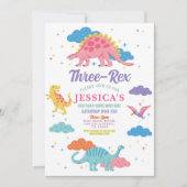 Invitation Trois Rex Dinosaure Filles Mignonnes Fête Rose (Devant)