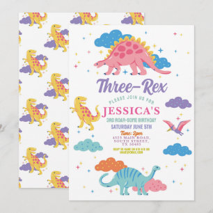 Invitation Trois Rex Dinosaure Filles Mignonnes Fête Rose