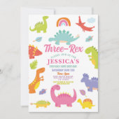 Invitation Trois Rex Dinosaure Filles Rose Fête Mignonne (Devant)