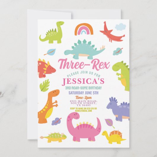 Invitation Trois Rex Dinosaure Filles Rose Fête Mignonne (Devant)