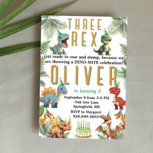 Invitation Trois Rex Dinsoaur anniversaire, aquarelle t-rex