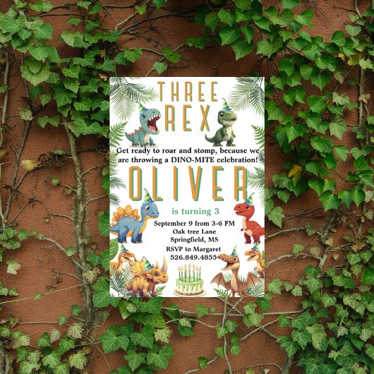 Invitation Trois Rex Dinsoaur anniversaire, aquarelle t-rex