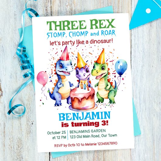 Invitation Trois rex jolies dinosaures fête d'anniversaire