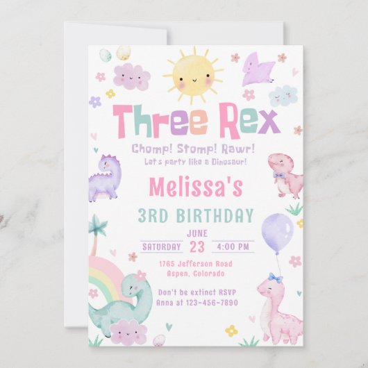 Invitation Trois Rex Pastel Dinosaur 3e fête d'anniversaire (Devant)