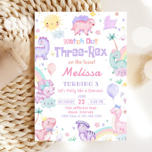 Invitation Trois Rex Pink Dinosaur 3e fête d'anniversaire