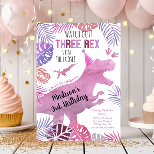 Invitation Trois Rex Rose Purple Girl Dinosaure Anniversaire