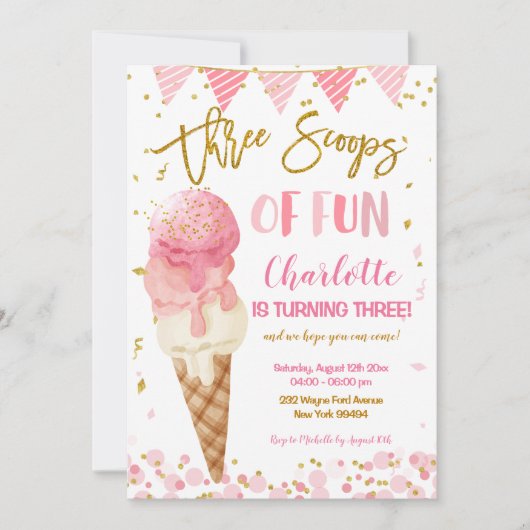 Invitation Trois Scoops De Fun Ice Cream 3ème Anniversaire Fê (Devant)