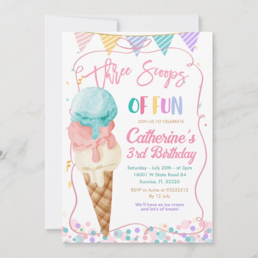 Invitation Trois Scoops Of Fun 3ème Anniversaire Ice Creative (Devant)