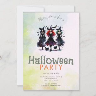 Invitation Trois Sorcières Chats Noirs Chauves-souris Fête d'