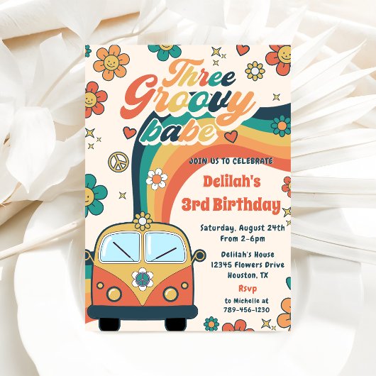 Invitation Trois Super Babe Retro Floral 3e fête d'anniversai