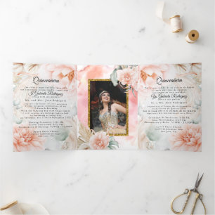Invitation Trois Volets 2 Photo Quinceanera English Español Coral Rose