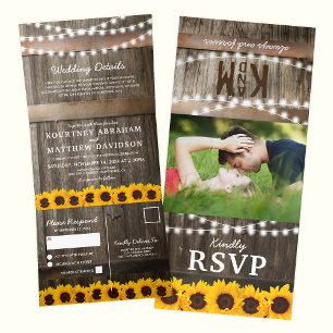 Invitation Trois Volets 3 en 1 Mariage Campagnard Rustique Tournesol