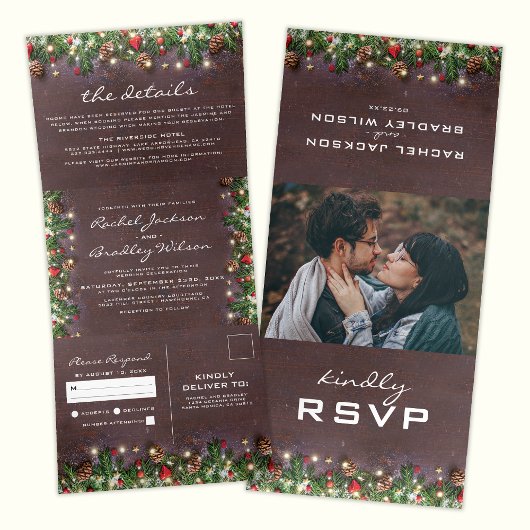 Invitation Trois Volets 3 en 1 Mariage d'hiver Noël Rustique