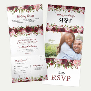 Invitation Trois Volets 3 en 1 Mariage Floral Bourru Burgundy