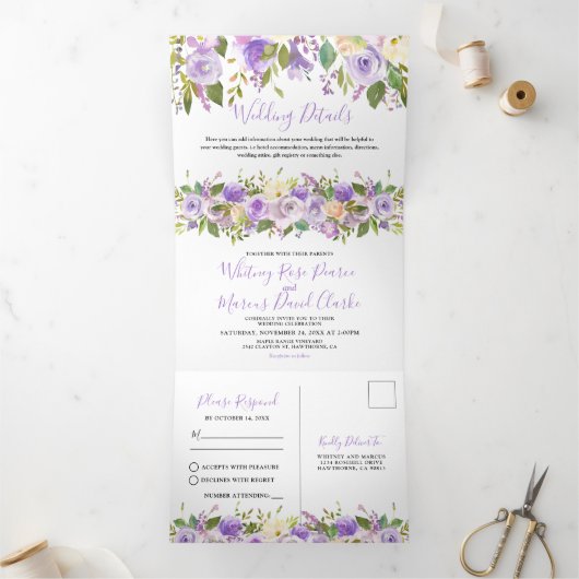 Invitation Trois Volets 3 en 1 Mariage Floral Rustique Violet (Intérieur)