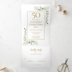 Invitation Trois Volets 50e Anniversaire d'or Mariage photo vert