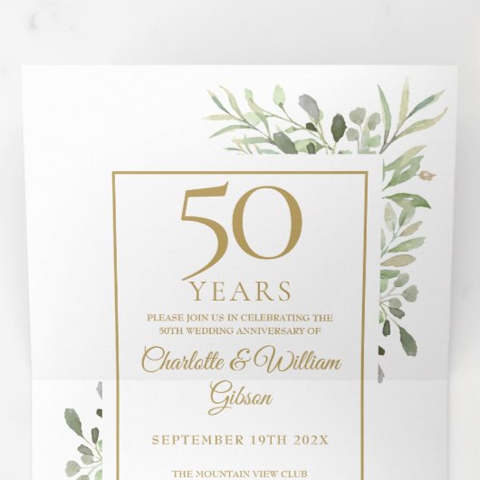 Invitation Trois Volets 50e Anniversaire d'or Mariage photo vert (Intérieur en premier)